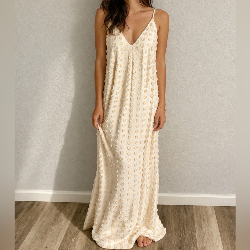 Cris Barros Textured Fringe Dot Bohemian Ivory Maxi Dress Made in Brazil Size M